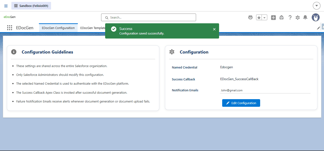 EDocGen Configuration saved (Named Credential selected)